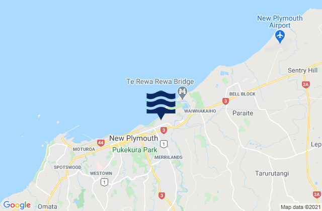 Mapa da tábua de marés em Fitzroy Beach, New Zealand