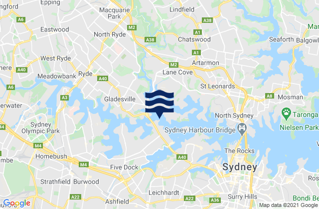 Mapa da tábua de marés em Five Dock Bay, Australia