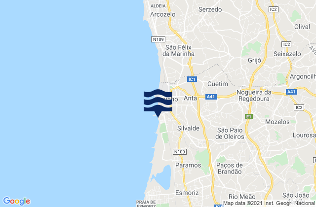 Mapa da tábua de marés em Fiães, Portugal