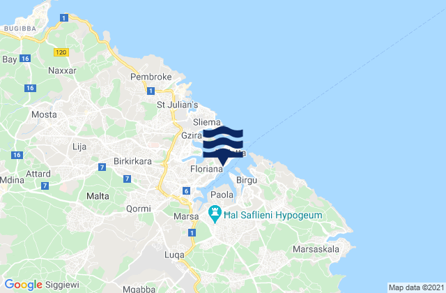 Mapa da tábua de marés em Floriana, Malta