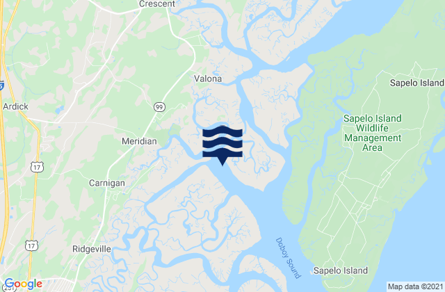 Mapa da tábua de marés em Folly River and Cardigan River between, United States