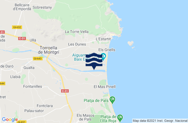 Mapa da tábua de marés em Fontanilles, Spain