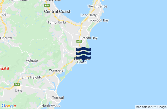 Mapa da tábua de marés em Forresters Beach, Australia