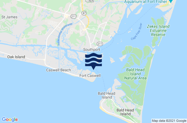 Mapa da tábua de marés em Fort Caswell, United States