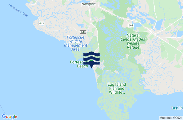 Mapa da tábua de marés em Fortescue Beach, United States