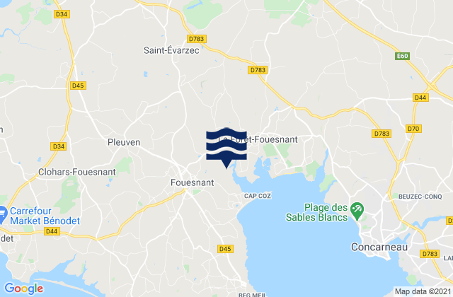 Mapa da tábua de marés em Fouesnant, France