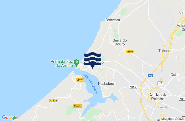 Mapa da tábua de marés em Foz do Arelho, Portugal