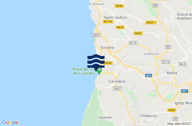 Mapa da tábua de marés em Foz do Lizandro, Portugal