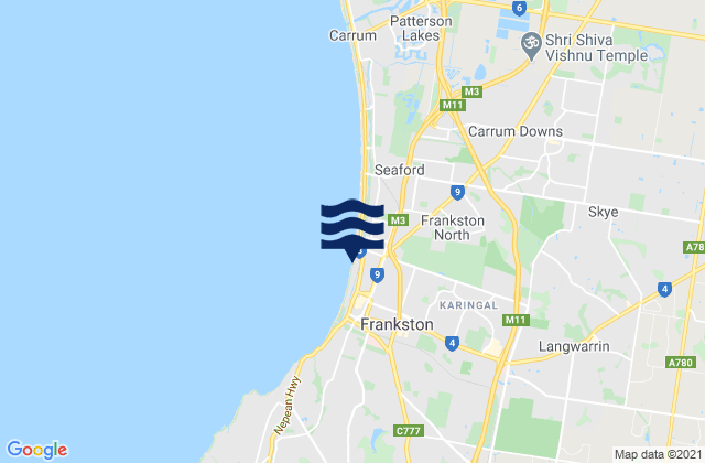 Mapa da tábua de marés em Frankston East, Australia