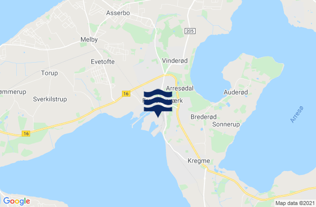 Mapa da tábua de marés em Frederiksværk, Denmark