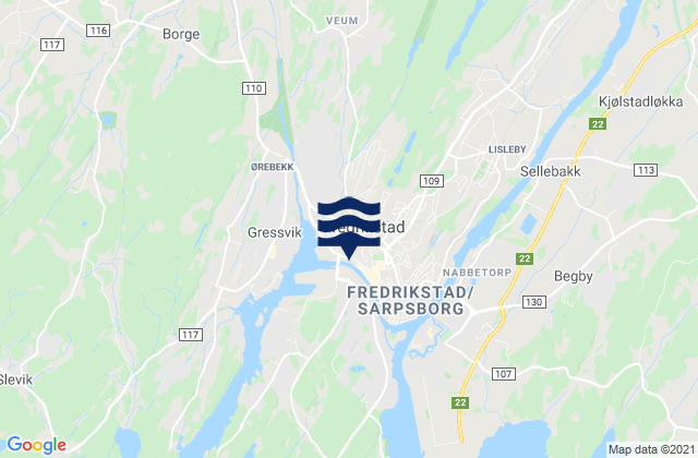 Mapa da tábua de marés em Fredrikstad, Norway