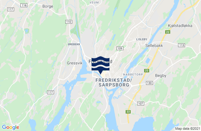 Mapa da tábua de marés em Fredrikstad, Norway