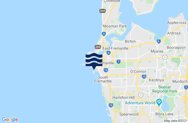 Mapa da tábua de marés em Fremantle, Australia