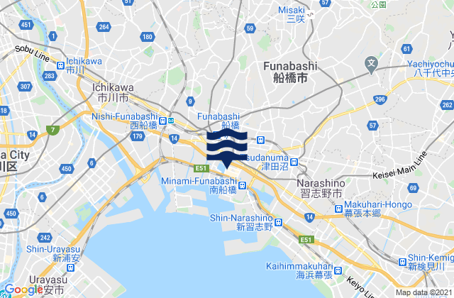 Mapa da tábua de marés em Funabashi, Japan
