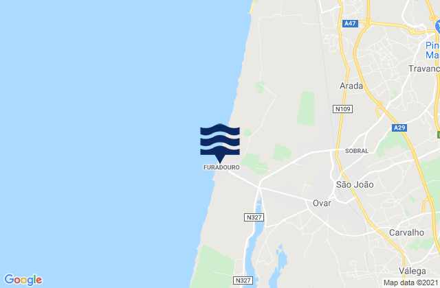 Mapa da tábua de marés em Furadouro, Portugal