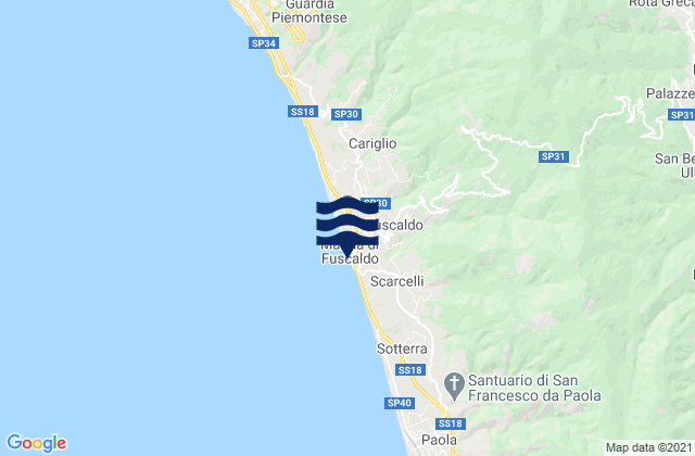 Mapa da tábua de marés em Fuscaldo, Italy