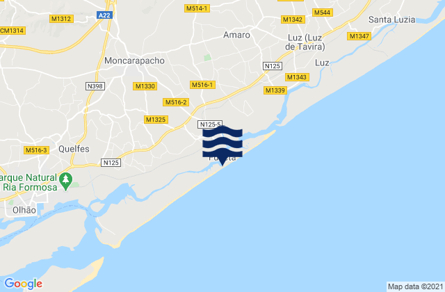 Mapa da tábua de marés em Fuzeta beach (island), Portugal