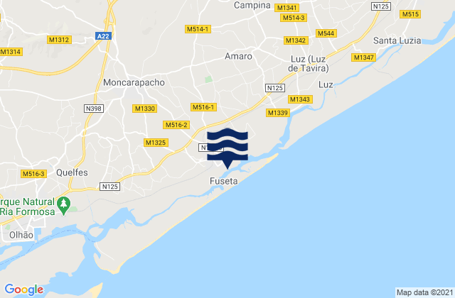 Mapa da tábua de marés em Fuzeta beach (land based), Portugal