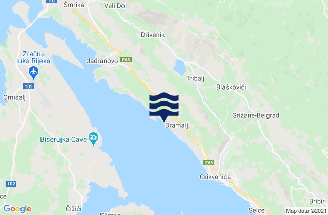 Mapa da tábua de marés em Fužine, Croatia