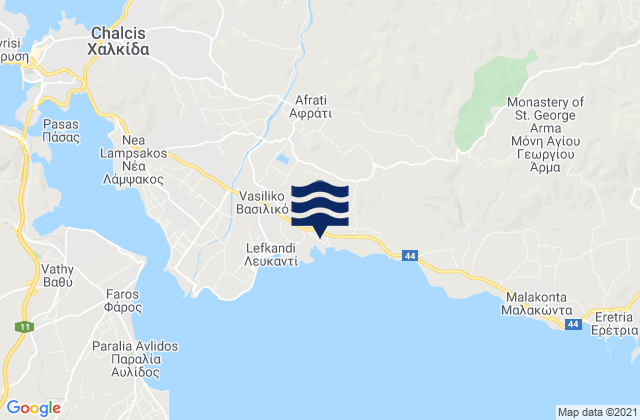 Mapa da tábua de marés em Fílla, Greece