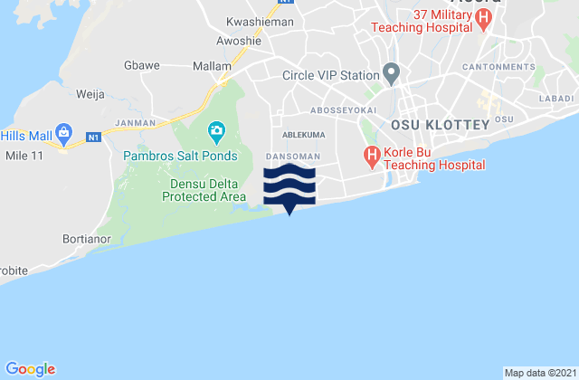 Mapa da tábua de marés em Ga Central Municipal Assembly, Ghana