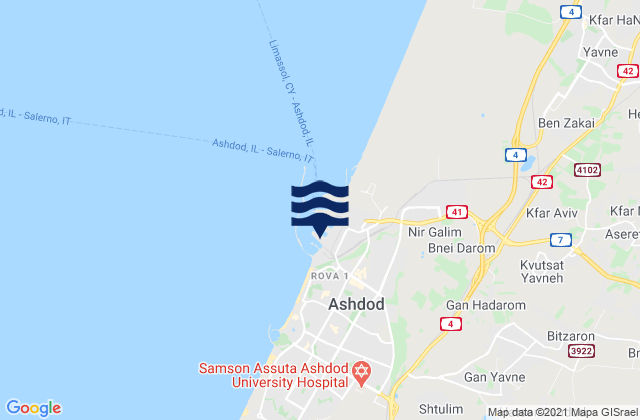 Mapa da tábua de marés em Gan Yavne, Israel