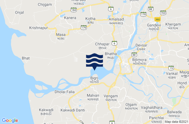 Mapa da tábua de marés em Gandevi, India