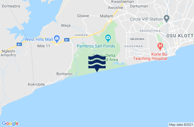 Mapa da tábua de marés em Gbawe, Ghana