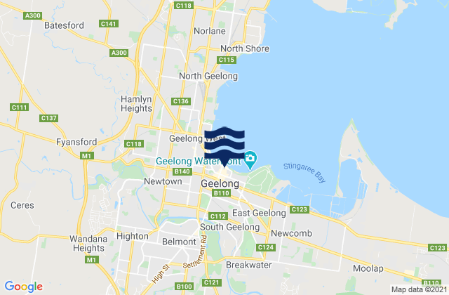 Mapa da tábua de marés em Geelong, Australia