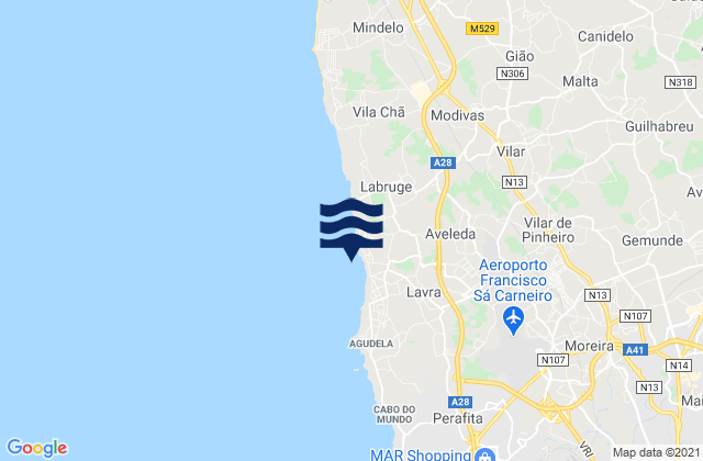Mapa da tábua de marés em Gemunde, Portugal