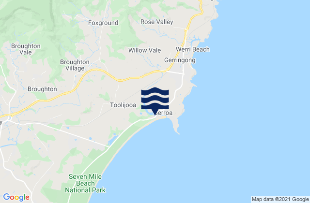 Mapa da tábua de marés em Gerroa (7 Mile Beach), Australia