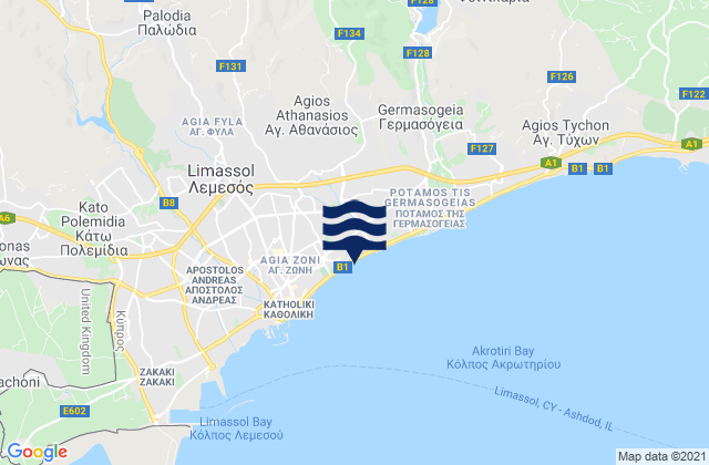 Mapa da tábua de marés em Gerása, Cyprus