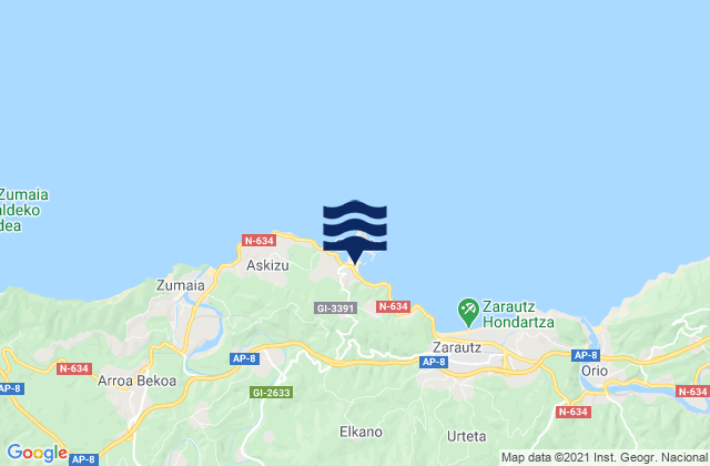 Mapa da tábua de marés em Getaria, Spain