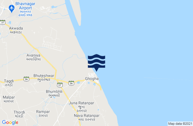 Mapa da tábua de marés em Ghogha, India