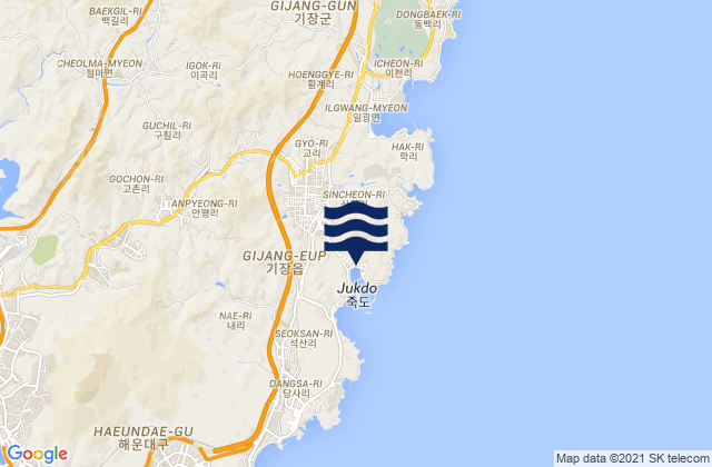 Mapa da tábua de marés em Gijang, South Korea