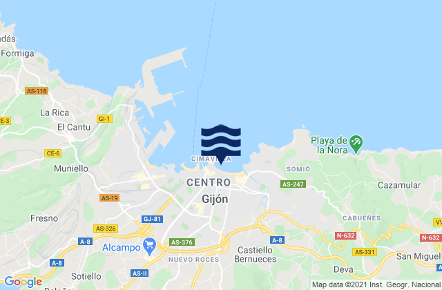 Mapa da tábua de marés em Gijón, Spain