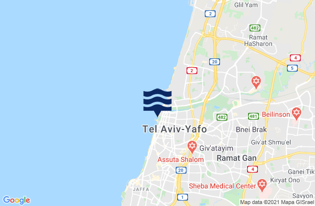 Mapa da tábua de marés em Givatayim, Israel