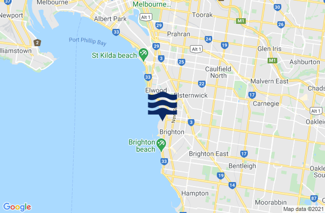 Mapa da tábua de marés em Glen Eira, Australia
