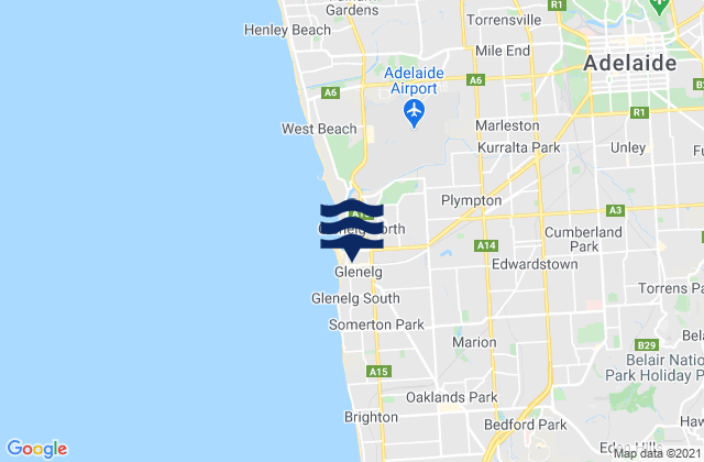 Mapa da tábua de marés em Glenelg, Australia