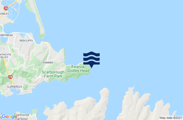 Mapa da tábua de marés em Godley Head, New Zealand
