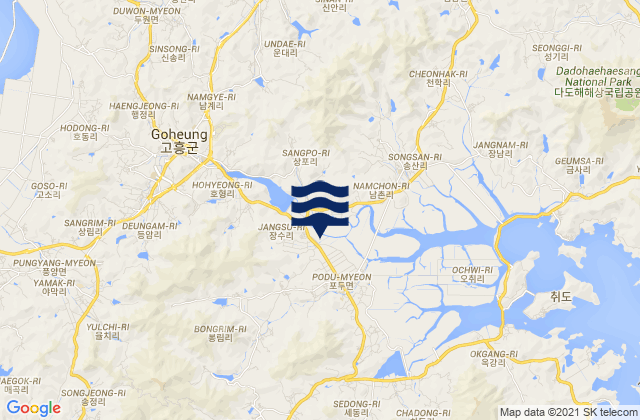 Mapa da tábua de marés em Goheung-gun, South Korea