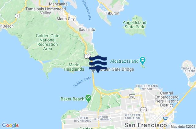 Mapa da tábua de marés em Golden Gate Bridge 0.46 nm E of, United States