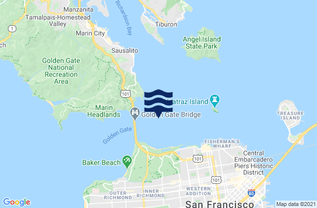 Mapa da tábua de marés em Golden Gate Bridge 0.8 mile east of, United States