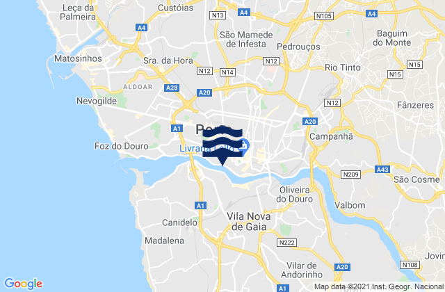 Mapa da tábua de marés em Gondomar, Portugal