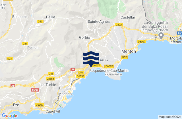 Mapa da tábua de marés em Gorbio, France