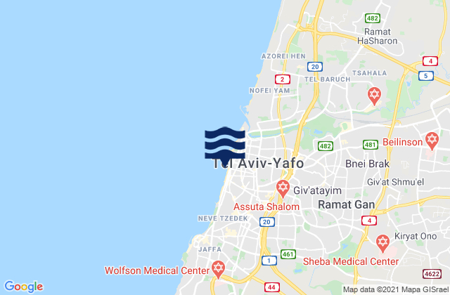 Mapa da tábua de marés em Gordon Beach, Palestinian Territory