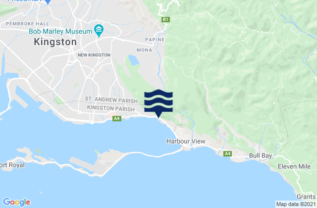 Mapa da tábua de marés em Gordon Town, Jamaica