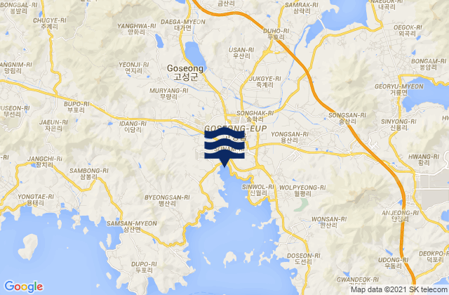 Mapa da tábua de marés em Goseong-gun, South Korea