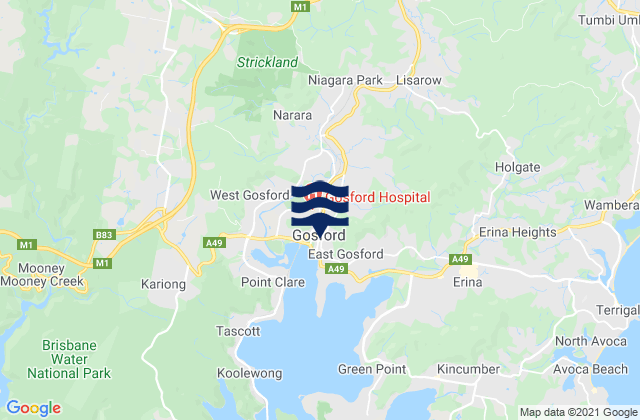 Mapa da tábua de marés em Gosford, Australia