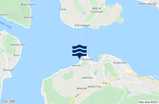 Mapa da tábua de marés em Gourock West Bay Beach, United Kingdom